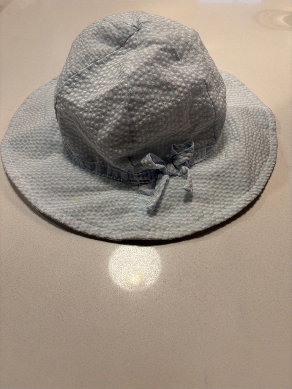 Light Blue and White Seersucker Sun Hat with Bow